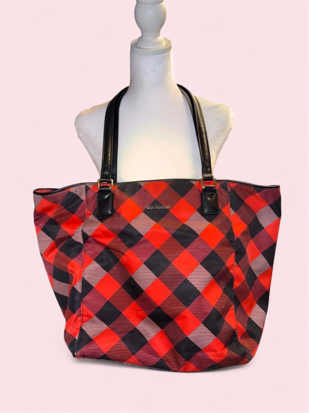 Plaid Red & Black Tote Bag with Black Handles